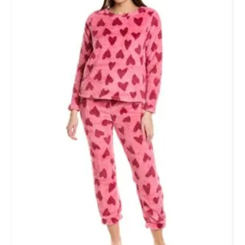 Splendid Pink‎ Heart Fuzzy Pajama Set Long Sleeve Pants Womens XS
